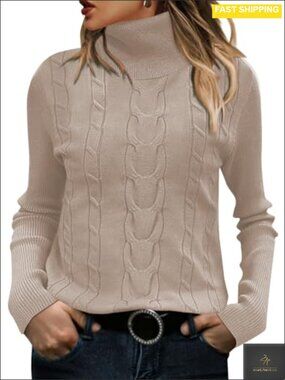 Women's Turtleneck Long Sleeve Cable Knit Sweater Slim Fit Ribbed Knit Top
